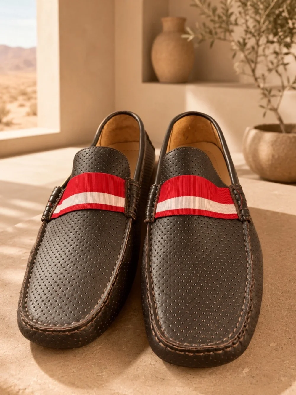 Bugatchi Dark Brown Perforated Leather Driving Loafers Men’s 11.5 Stripe